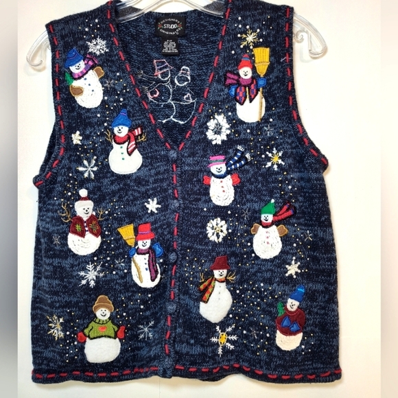 Designers Studio Originals women's navy blue snow men's Christmas vest size (P/P - Picture 8 of 8
